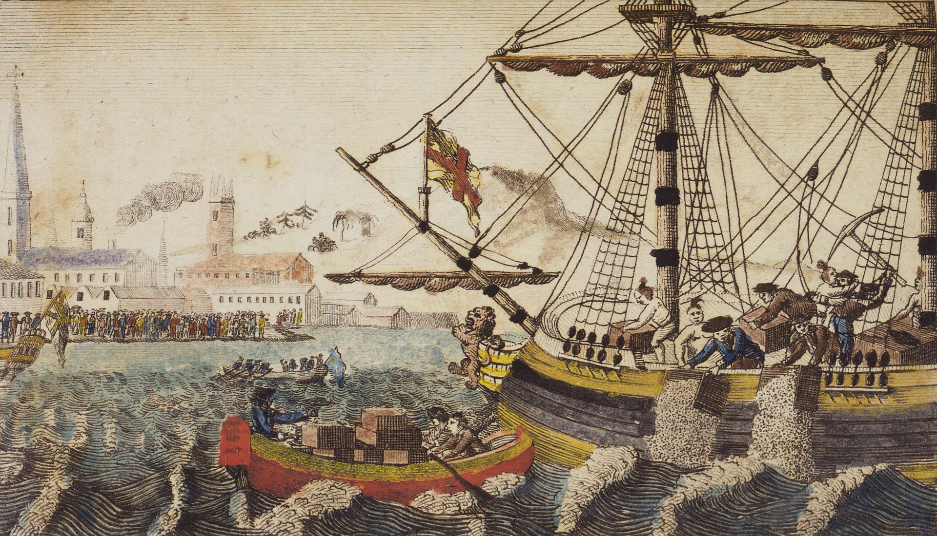 A 1789 engraving of the Boston Tea Party