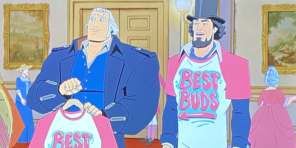 Picture of Abraham Lincoln hanging out with George Washington while wearing shirts that call each other “Best Buds”