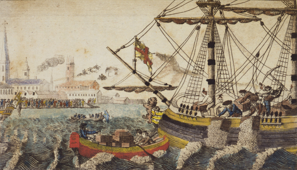 Boston Tea Party, engraving in W. D. Cooper’s The History of North America from 1789
