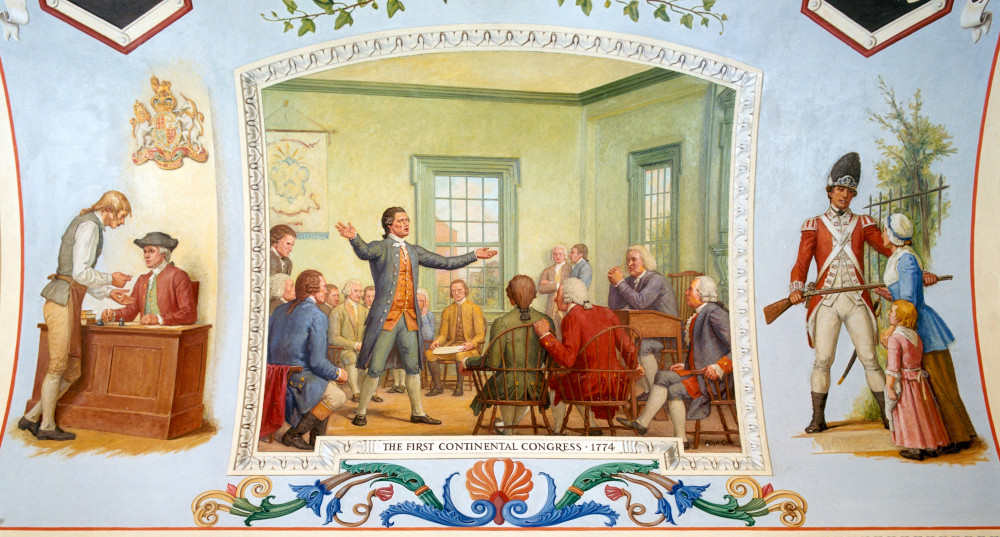 A mural by Allyn Cox from the first floor of the US Congress building that depicts Samuel Adams speaking at the First Continental Congress 