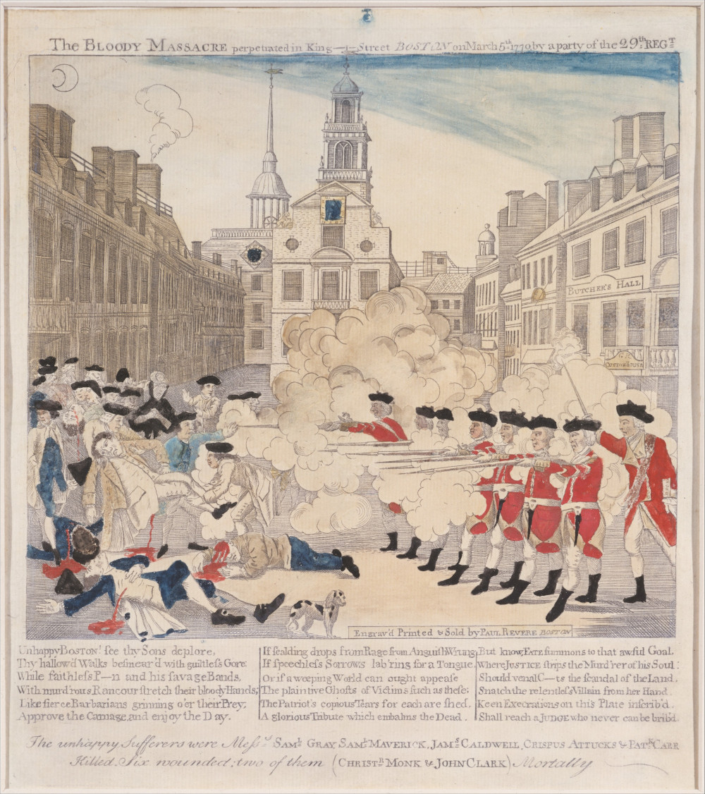 An engraving created by Paul Revere of the Boston Massacre from March 1770