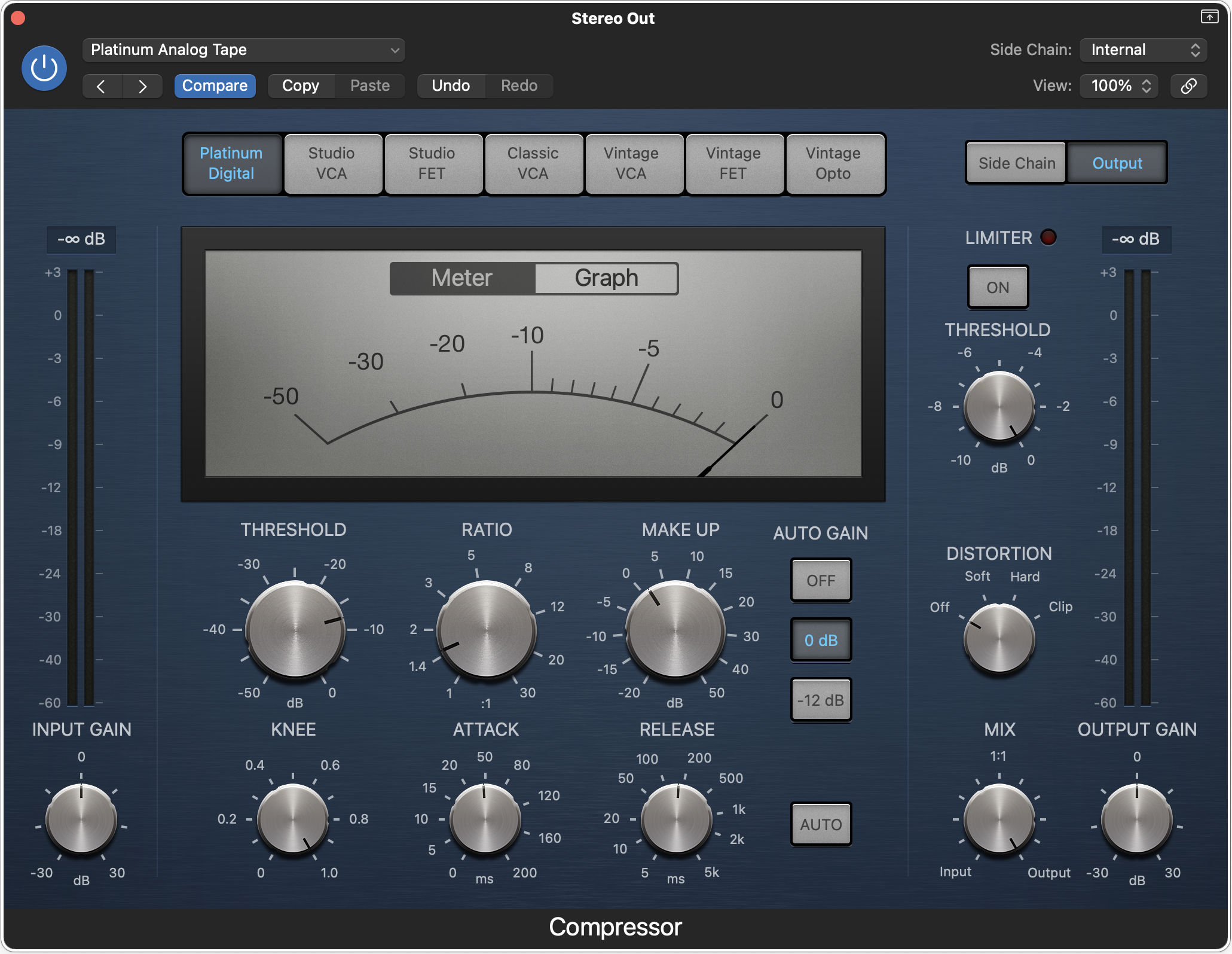 Screenshot of “platinum analog tape” compression preset