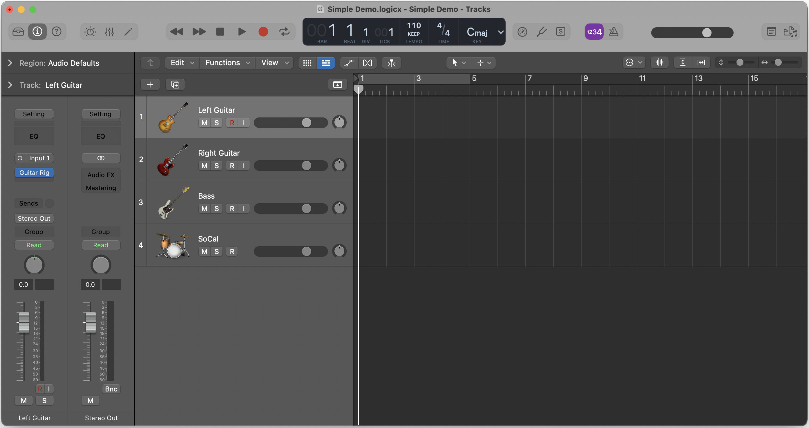 A Logic session setup to record two guitars, bass, and drums for a simple demo