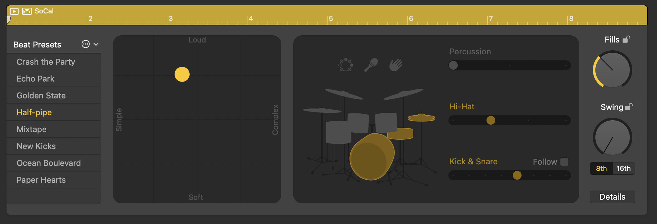 The UI for telling Logic’s software drummer what kind of beat we want