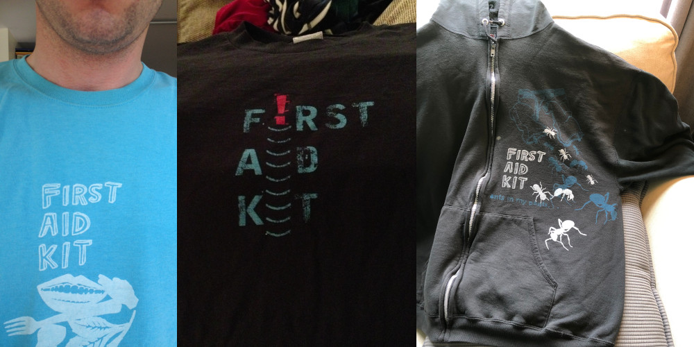 Pictures of band merch: two shirts and a hoodie