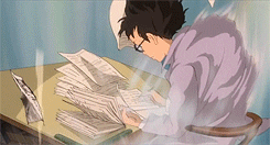 Anime style animation of someone studying heroically.